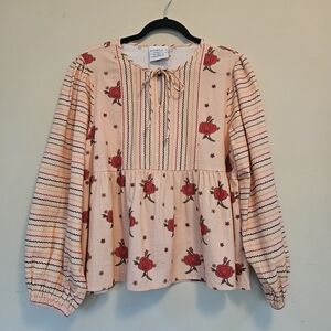 NWT Bohera Babydoll Top Blouse Women Sz M Bishop Sleeves Floral Cottagecore